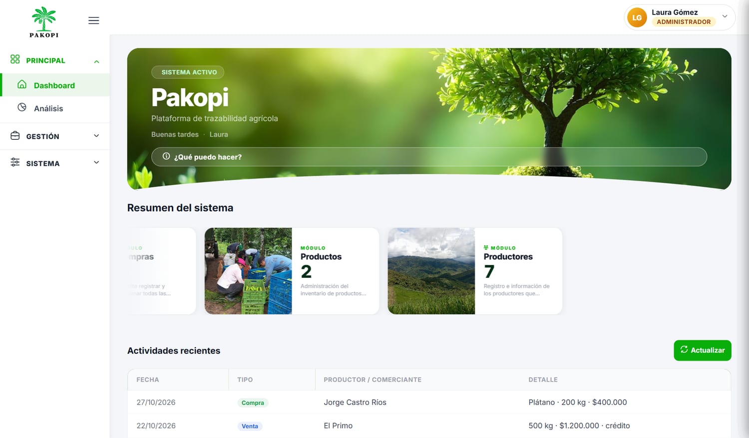 Dashboard del administrador de Pakopi